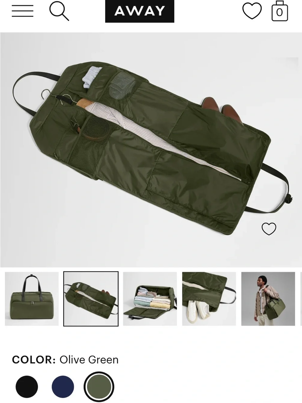 Away Olive Green Garment Duffel NWT